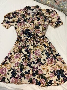 Who What Wear Cream Floral Midi Dress with Pink & Navy Blooms